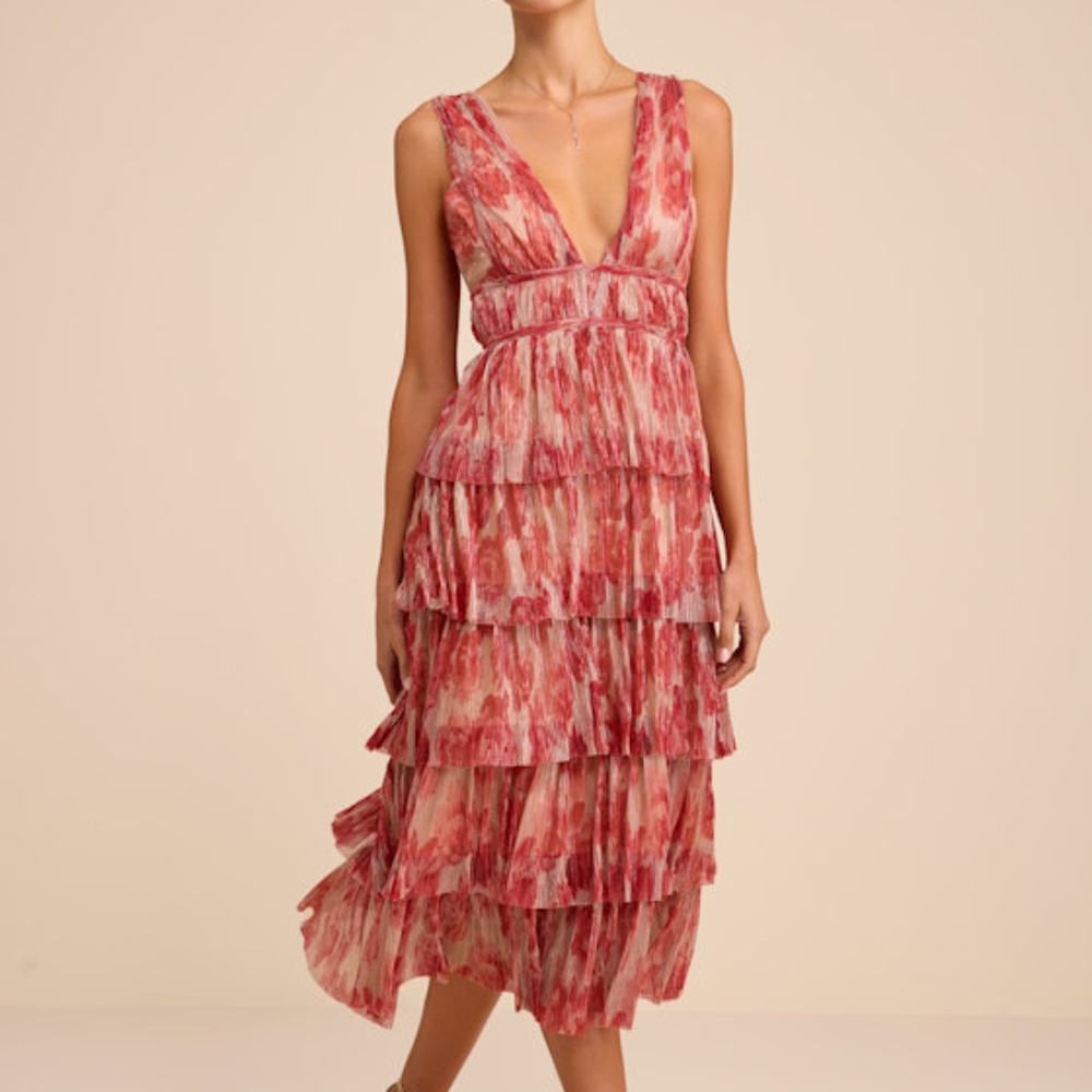 Lulus Valentia Magenta Plisse Sleeveless Tiered Midi Dress Pink - Size XL
